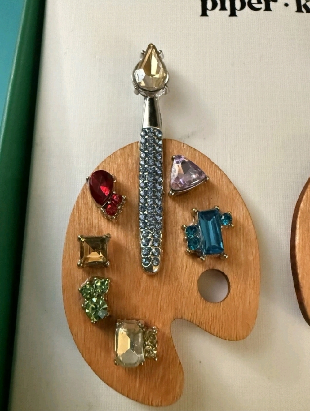 Piper k Wood Paint Palette Earrings with Glass Stones - Picture 2 of 3